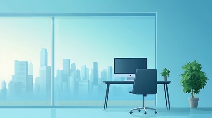 Minimalistic Office with Cityscape View, Minimalistic office interior with a desk, computer, and a potted plant against a cityscape view