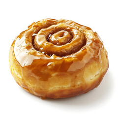 A freshly baked cinnamon bun with a golden brown sticky glaze, soft interior, and visible cinnamon swirl