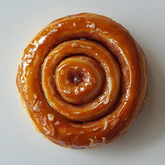 Fototapeta premium A freshly baked cinnamon bun with golden brown glaze, soft dough, and visible cinnamon swirl