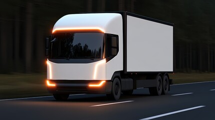 Futuristic white delivery truck driving at night.