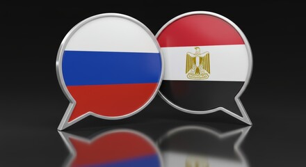 Obraz premium Diplomacy dialogue concept: 3D render of overlapping speech bubbles with flags Russia and Egypt