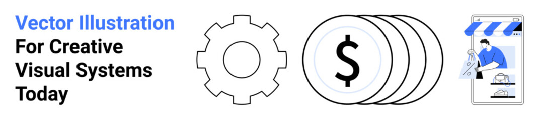 Gear and coins indicating technology and finance, storefront with marketer at laptop. Ideal for innovation, business growth, e-commerce, strategy, product development, entrepreneurship, flat landing