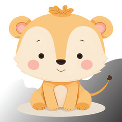 Cute cartoon lion cub, big round eyes, tiny nose, rosy cheeks, fluffy mane, pastel colors, kawaii style, chibi character, soft shading, rounded ears, minimalist background, adorable expression