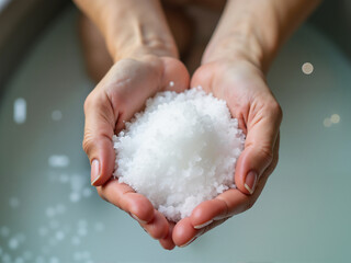 Soft hands hold white bath salt in a spa setting, symbolizing relaxation and self-care for the aging population, combining technology with wellness trends for a healthier lifestyle