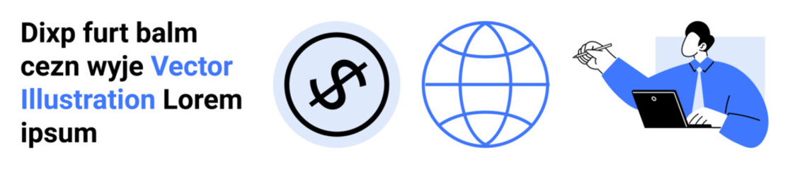 Dollar coin, globe, and person with laptop representing financial growth, global connectivity, and remote work. Ideal for finance, technology, freelancing, business solutions global trade