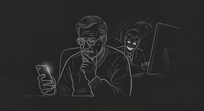 Concerned elderly man using smartphone with shadowy figure behind  
