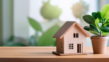一戸建の家の模型と観葉植物。コピースペース、テキストスペースあり。AIで生成