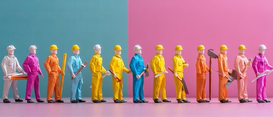 Colorful paper construction workers holding tools in a row, flat lay banner design for international day of peace and workers day celebration