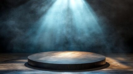 Obraz premium Dramatic spotlight illuminating a circular stage in a dark, smoky environment, perfect for performances
