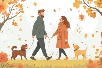 Happy young couple walking, playing with dogs in a park, Generative AI