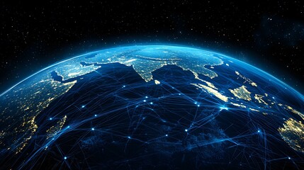 Obraz premium The image shows a nighttime view of Earth from space, with glowing city lights and a network of interconnected lines representing global communication or transportation networks. A medium descripti
