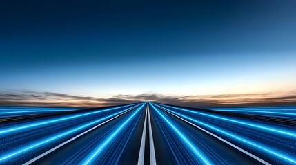 Obraz premium The image shows a digital rendering of a multi-lane highway stretching to the horizon under a twilight sky, with bright blue streaks of light emanating from the road, suggesting speed and technologic