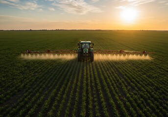 Agriculture machine spraying pesticide in green field. Tractor irrigating corn crop at sunset. Modern farm equipment treating plants for protection in rural landscape
