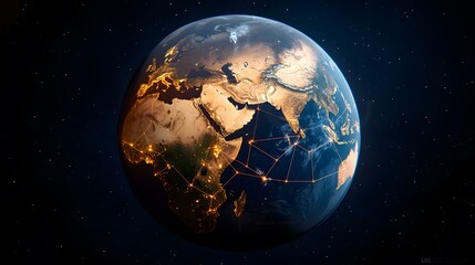 Obraz premium The image shows a digitally rendered Earth at night, with city lights illuminated and lines connecting major population centers, suggesting global connectivity.