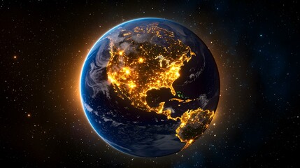 Fototapeta premium The image shows Earth at night, from space. The bright lights of North and Central America are clearly visible against the dark background of space, showcasing the global network of human settlement