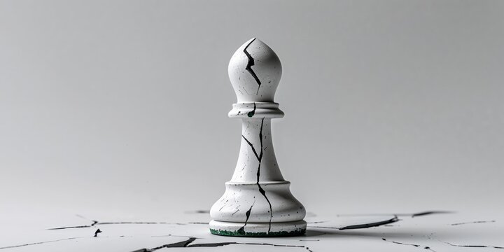 Cracked white chess pawn piece with distressed finish and shattered surface