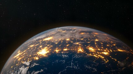 Fototapeta premium The image shows a view of Earth from space at night, highlighting the bright lights of cities and towns across a large landmass, contrasted against the dark expanse of space speckled with stars.
