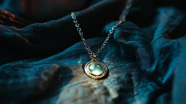 A close-up of a silver necklace featuring a round blue gemstone, set against a dark silky fabric with soft candlelight creating a romantic and luxurious atmosphere. The scene highlights the pendant