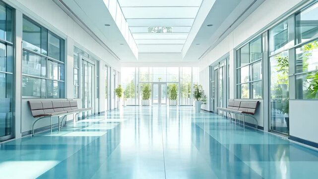 A clean and spacious hospital corridor with large windows, natural lighting, and potted plants creating a calm, welcoming atmosphere. The sleek design emphasizes cleanliness, comfort, and contemporary