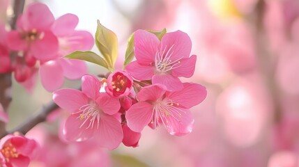 A close-up of pink cherry blossoms against a blue sky.