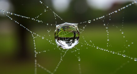 Water Droplet on Spiderweb Reflecting Greenery Close-up