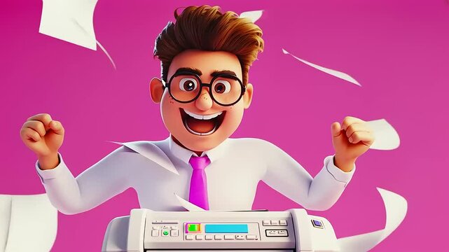 Happy cartoon businessman with printer and flying papers.