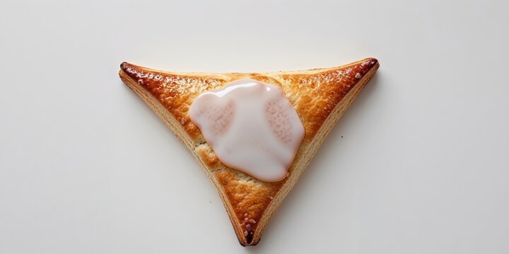 A triangular pastry with a golden brown crust and a glaze.