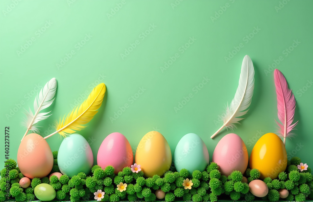 Poster a colorful easter display features decorative eggs, lush greenery, and soft feathers arranged vertic