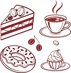 Sweet breakfast set illustration icons design pattern with coffee, cake, and cupcake