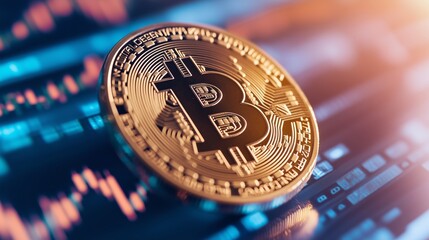 Bitcoin coin resting on a digital display representing cryptocurrency market trends during evening hours