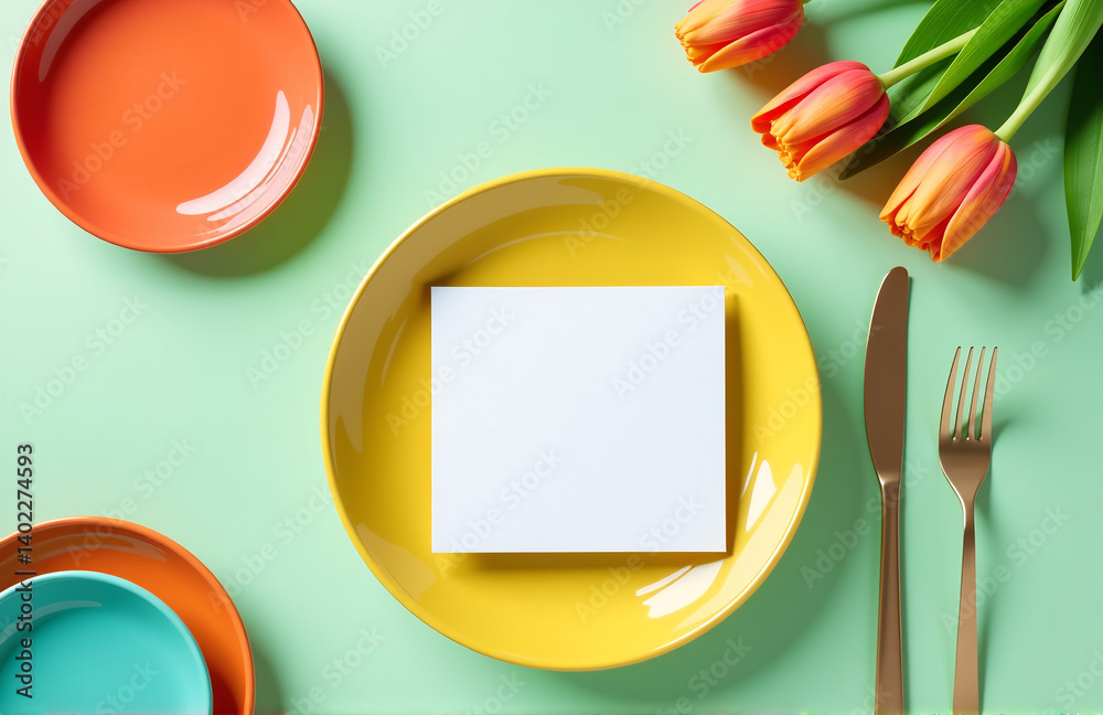 Poster a colorful table setting features vibrant plates, a blank greeting card, cutlery, and tulips arrange