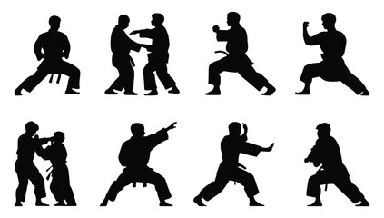 Set of karate silhouettes showcase diverse techniques. vector illustration.