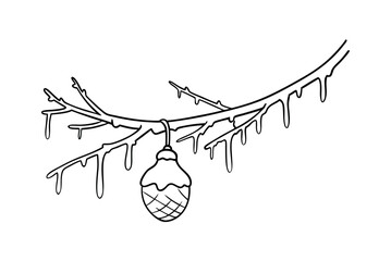 Outline Drawing Of Winter Branch With Icicles And Christmas Ornament Decoration