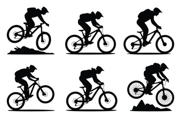 Set of mountain bike riders in action silhouettes. vector illustration.