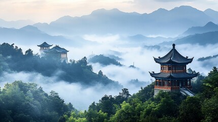 Obraz premium Majestic pagodas nestled amidst misty mountains, showcasing traditional architecture and serene landscape