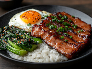 a bowl of food consisting of rice topped with stir-fried pork cubes in a glossy sauce, a fried egg with a runny yolk, green onions, and sesame seeds, and a side of leafy greens. The dish is garnished 