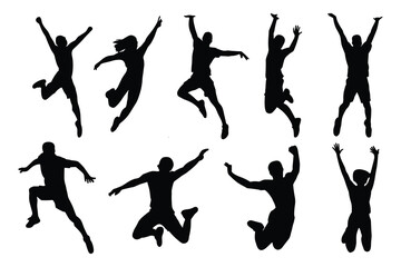 Set of dynamic silhouettes of people jumping and celebrating. vector illustration.