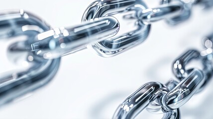 Obraz premium Macro view of shiny steel chain links symbolizing blockchain connection on white background