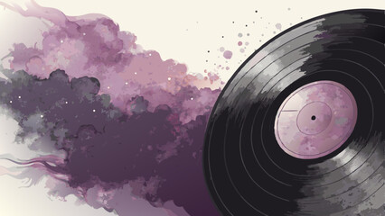 Watercolor vinyl record in swirling black and deep purple hues, retro artistic vibe with copy space*  