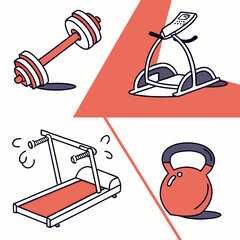 Abstract gym icon set featuring weights, treadmill, and kettlebell