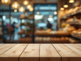 Obraz premium Empty wooden table in artisan bread market - minimalist bakery ambiance with blurred loaf displays and flour-dusted textures