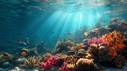 Fototapeta premium Underwater Coral Reef with Sunlight Shining Through Water and Small Fish