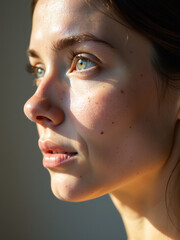 A Delicate Portrait Captures The Gentle Features Of A Woman With Fair Skin And Scattered Freckles In Soft Natural Lighting.