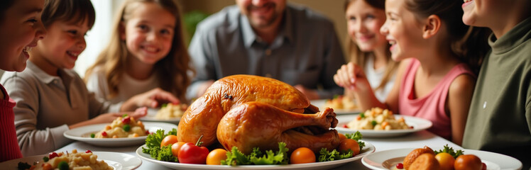 A Deliciously Roasted Turkey Takes Center Stage At A Lively Thanksgiving Gathering Surrounded By Happy Children And Loved Ones.