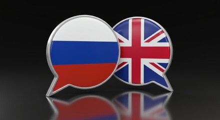 Obraz premium Diplomatic dialogue: Russian and United Kingdom flags in glossy speech bubbles