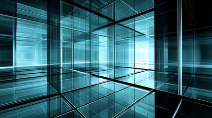 Futuristic abstract interior with glowing blue lines and glass structures creating a dynamic space