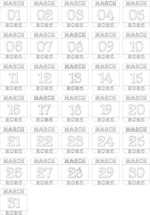 March 2025 calendar line art icon set.Single day calendar in vector illustration flat style.Agenda plan, march month schedule calendar and Time planner.Meeting appointment time.Calendar Event schedule