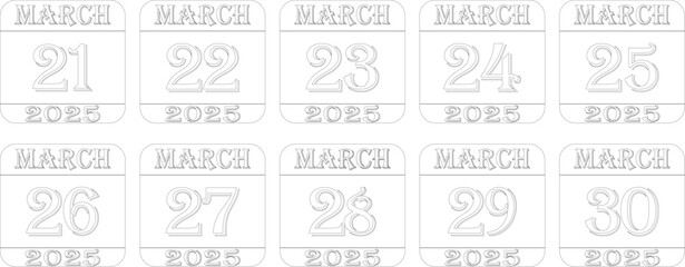 March 2025 calendar line art icon set.Single day calendar in vector illustration flat style.Agenda plan, march month schedule calendar and Time planner.Meeting appointment time.Calendar Event schedule