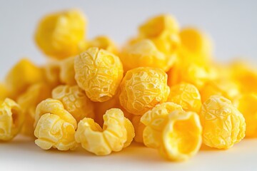 Close-up view of a pile of popcorn kernels.  Popcorn kernels are a golden yellow color, and they are tightly clustered together.  The texture appears slightly rough