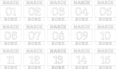 March 2025 calendar line art icon set.Single day calendar in vector illustration flat style.Agenda plan, march month schedule calendar and Time planner.Meeting appointment time.Calendar Event schedule